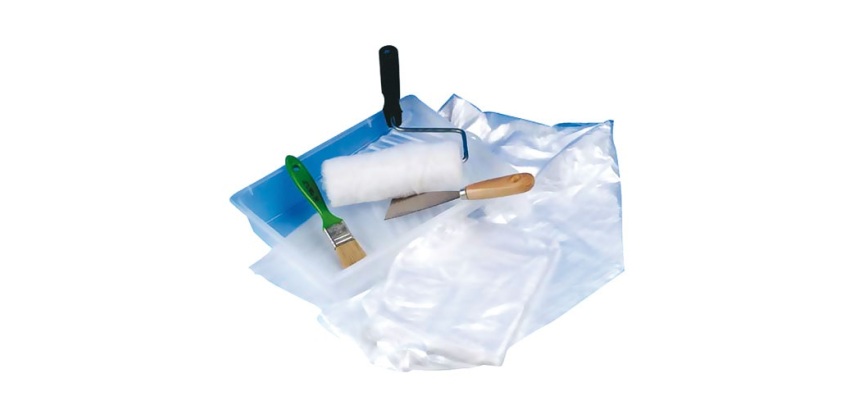 Lot à peindre - bac + rouleau + pinceau + couteau + bâche