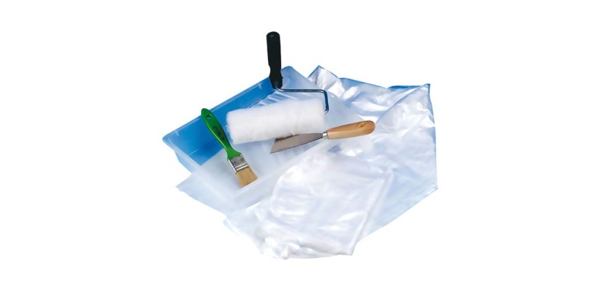 Lot à peindre - bac + rouleau + pinceau + couteau + bâche