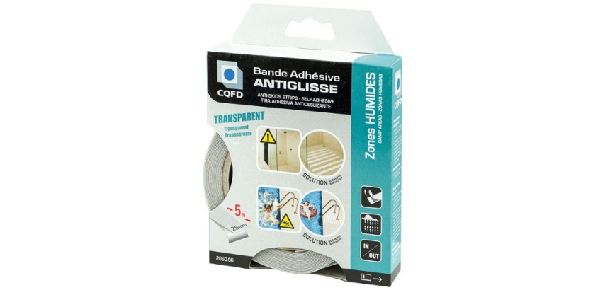 Bande adhésive antiglisse - zones humides - L : 5 m - l : 25 mm - transpare