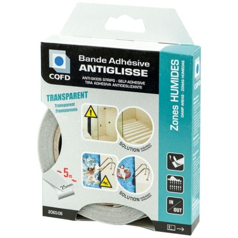 Bande adhésive antiglisse - zones humides - L : 5 m - l : 25 mm - transpare