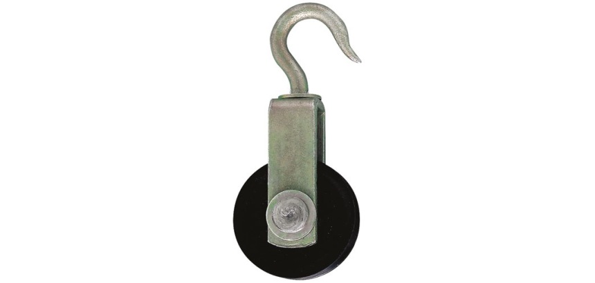 Poulie crochet - résistance 63 Kg - acier zingué - galet 40mm - corde 10mm