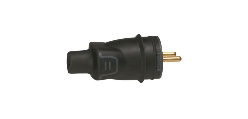 Fiche caoutchouc avec terre 16 A - mâle - sortie droite - IP 44 -noir