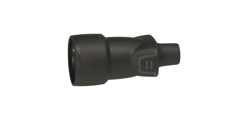 Fiche caoutchouc avec terre 16 A - femelle - sortie droite - IP 44 -noir
