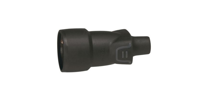 Fiche caoutchouc avec terre 16 A - femelle - sortie droite - IP 44 -noir