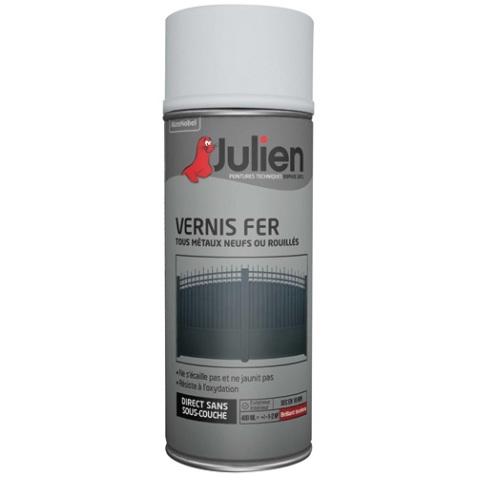 Vernis tous métaux neufs ou rouillés Julien - Aérosol de 400 ml, inoclore brillant