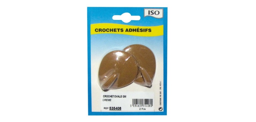 Crochet adhésif grand modèle - ovale - créamique - crème - lot de 2