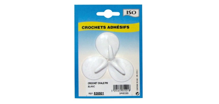 Crochet adhésif petit modèle - ovale - créamique - blanc - lot de 3