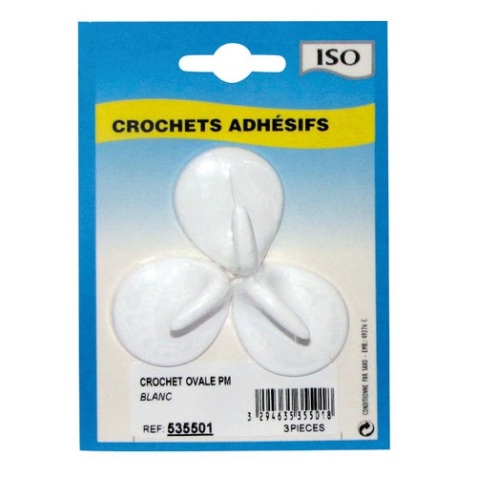 Crochet adhésif petit modèle - ovale - créamique - blanc - lot de 3