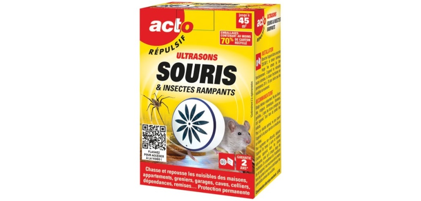 Retro répulsif à ultrasons - souris et insectes rampants - 45m² - 1 émetteu