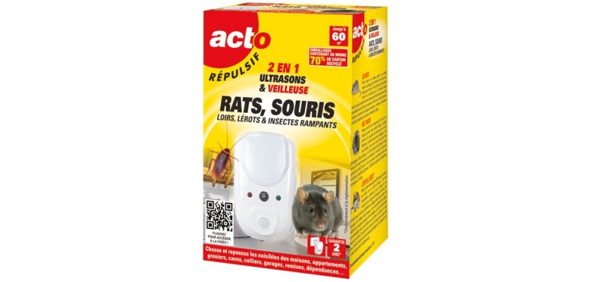 Répulsif 2 en  1 -  ultrasons et veilleuse -  rats souris insectes rampants