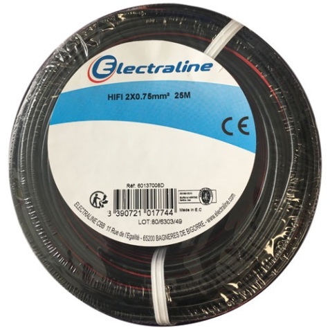Câble multimédia HI-FI - 2x0.75mm² - L : 25 m - couronne - noir/rouge