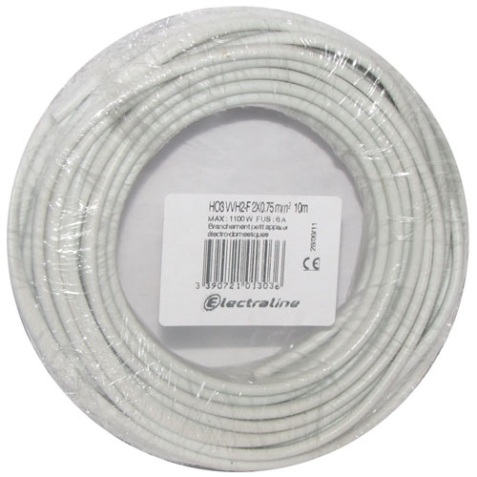 Câble domestique - H03VVH2F - 2x0.75mm² - L : 10 m - couronne - blanc