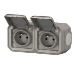 Double prise de courant 2P+T - Plexo - précâblée - complet saillie - gris