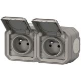 Double prise de courant 2P+T - Plexo - précâblée - complet saillie - gris