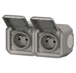 Double prise de courant 2P+T - Plexo - précâblée - complet saillie - gris