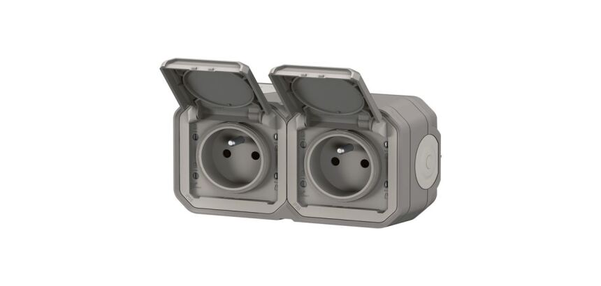 Double prise de courant 2P+T - Plexo - précâblée - complet saillie - gris