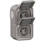 Double prise de courant 2P+T - Plexo - précâblée - complet saillie - gris