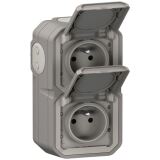 Double prise de courant 2P+T - Plexo - précâblée - complet saillie - gris