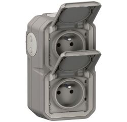 Double prise de courant 2P+T - Plexo - précâblée - complet saillie - gris