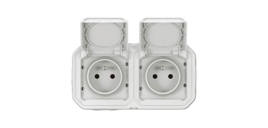 Double prise de courant 2P+T - Plexo - précâblée - complet saillie - blanc