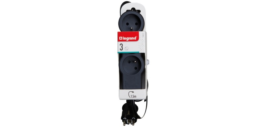 Rallonge extra-plate - 3 prises - 2P+T - cordon 1.5 m - noir/gris foncé