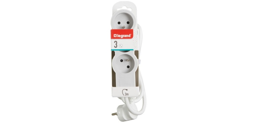 Rallonge extra-plate - 3 prises - 2P+T - cordon 3 m - blanc/gris clair