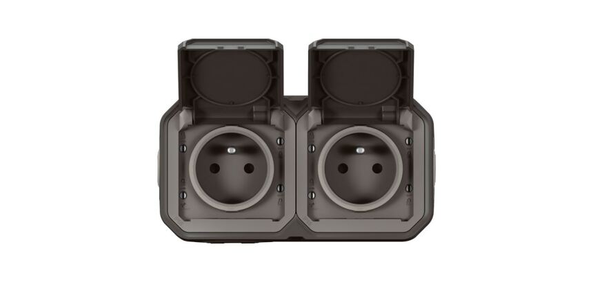 Double prise de courant 2P+T - Plexo - précâblée - complet saillie - anthra