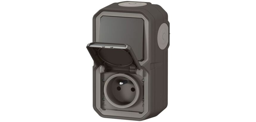 Double prise de courant 2P+T - Plexo - précâblée - complet saillie - anthra