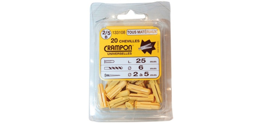 Cheville crampon - universelle - taille 2/5 - D : 6 mm - lot de 20