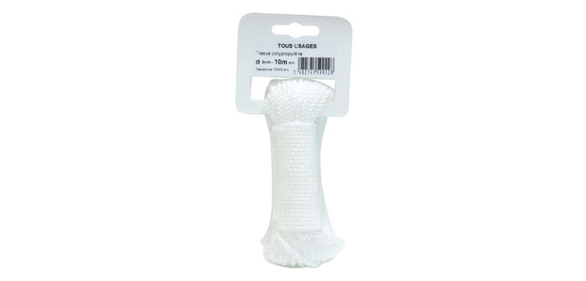 Tresse polypropylène - 8 fuseaux - 3 mm - carotte - 10 m - blanche