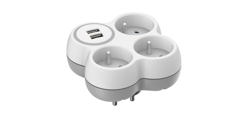 Multiprise - triplite 2P+T - 16A - 2 ports USB - blanc/ gris