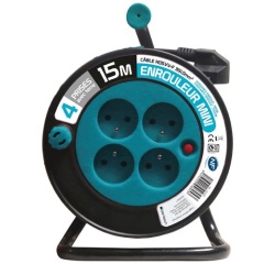 Enrouleur ménager - 15 m - 3G1.5 mm² - 4 prises -  bleu