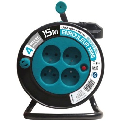 Enrouleur ménager - 15 m - 3G1.5 mm² - 4 prises -  bleu