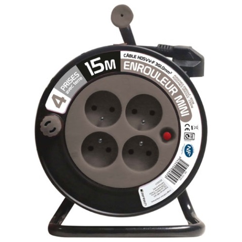 Enrouleur ménager - 15 m - 3G1.5 mm² - 4 prises -  taupe