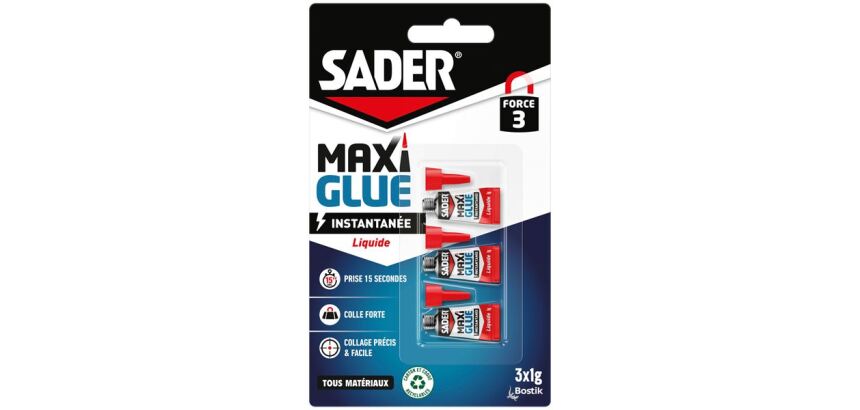 Colle liquide Maxi Glue instantanée tous matériaux Sader - Lot de 3 tubes de 1 g