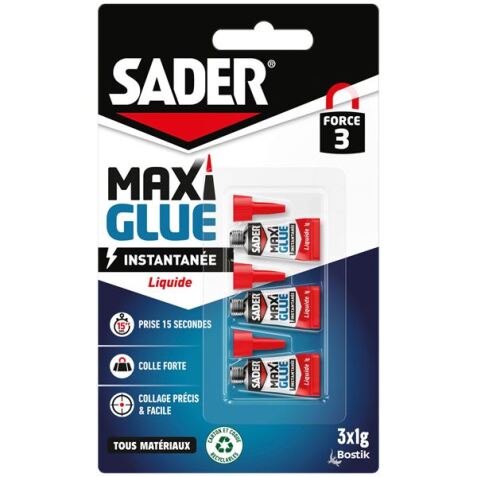 Colle liquide Maxi Glue instantanée tous matériaux Sader - Lot de 3 tubes de 1 g