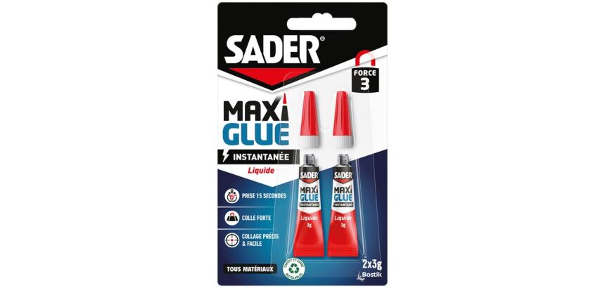 Colle liquide Maxi Glue instantanée tous matériaux Sader - Lot de 2 tubes de 3 g