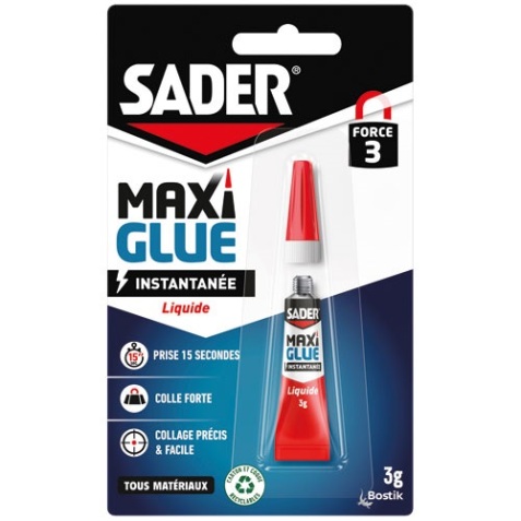 Colle liquide Maxi Glue instantanée tous matériaux Sader - Tube de 3 g