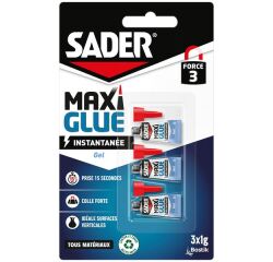 Colle en gel Maxi Glue instantanée tous matériaux Sader - Lot de 3 tubes de 1 g