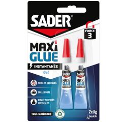 Colle en gel Maxi Glue instantanée tous matériaux Sader - Lot de 2 tubes de 3 g