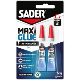 Colle en gel Maxi Glue instantanée tous matériaux Sader - Lot de 2 tubes de 3 g