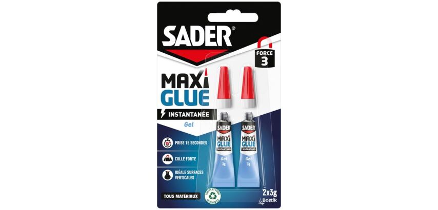Colle en gel Maxi Glue instantanée tous matériaux Sader - Lot de 2 tubes de 3 g