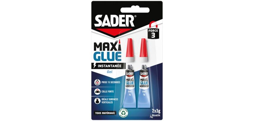Colle en gel Maxi Glue instantanée tous matériaux Sader - Lot de 2 tubes de 3 g
