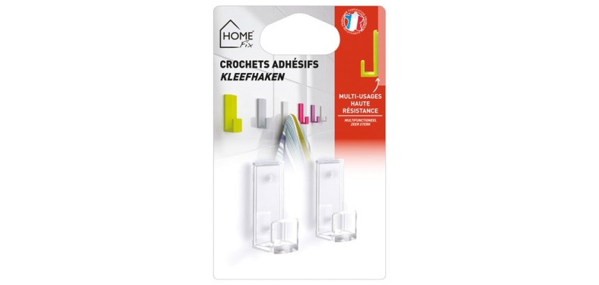 Petit crochet adhésif - cristal - lot de 2