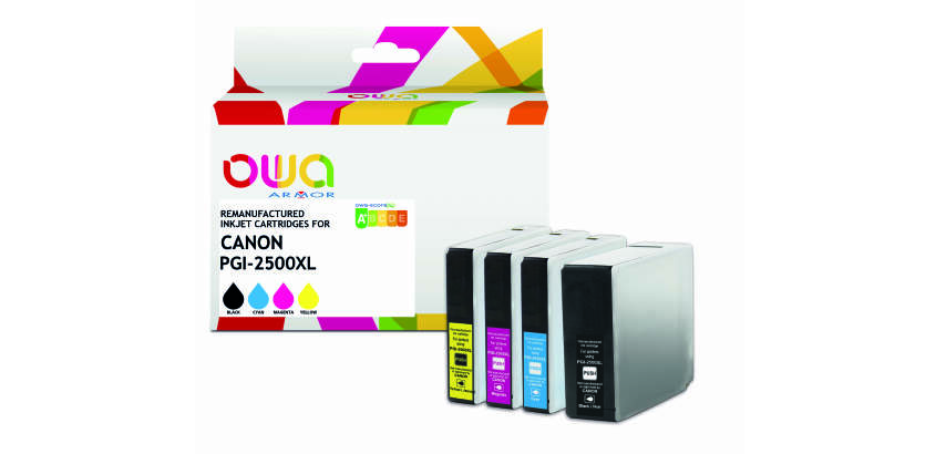 Pack de 4 cartouches OWA compatible Canon PGI2500 Noir Cyan Magenta Jaune pour imprimante jet d'encre