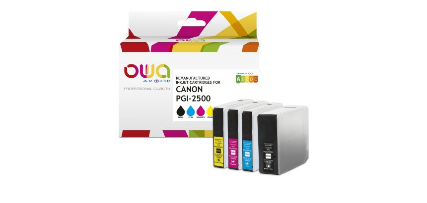 Pack de 4 cartouches OWA compatible Canon PGI2500 Noir Cyan Magenta Jaune pour imprimante jet d'encre