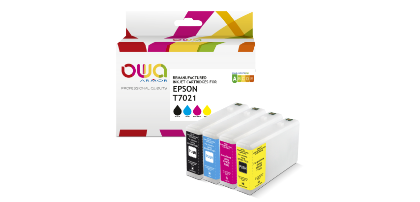 Pack de 4 cartouches d'encre remanufacturées OWA - standard - Noir Cyan Magenta Jaune - pour EPSON T7021, T7022, T7023, T7024
