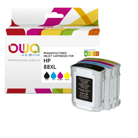 Pack de 4 cartouches d'encre remanufacturées OWA - haute capacité - Noir Cyan Magenta Jaune - pour HP 88XL B, 88XL C, 88XL M, 88XL Y