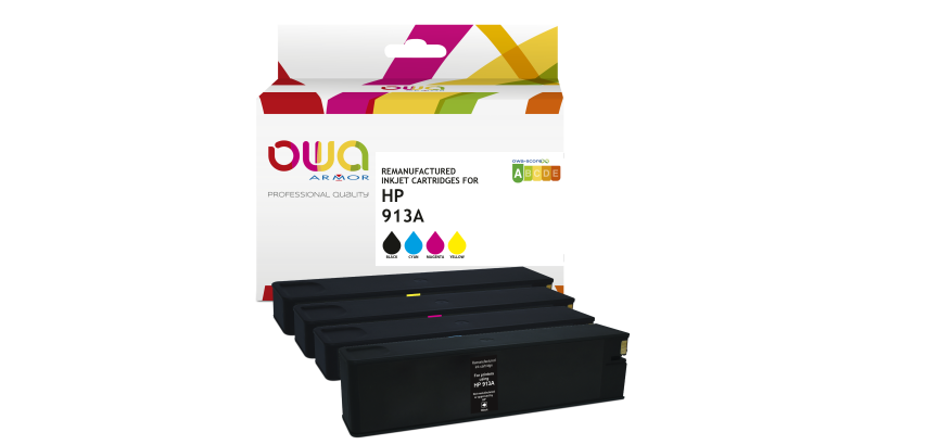 Pack de 4 cartouches d'encre remanufacturées OWA - standard - Noir Cyan Magenta Jaune - pour HP 913A