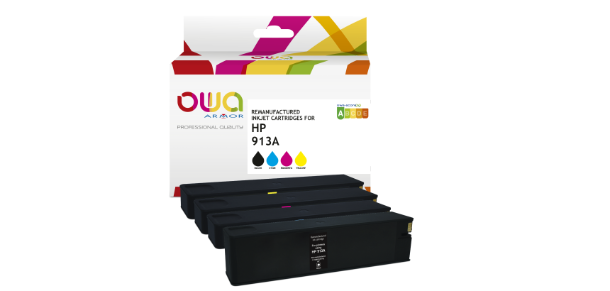 Pack de 4 cartouches d'encre remanufacturées OWA - standard - Noir Cyan Magenta Jaune - pour HP 913A